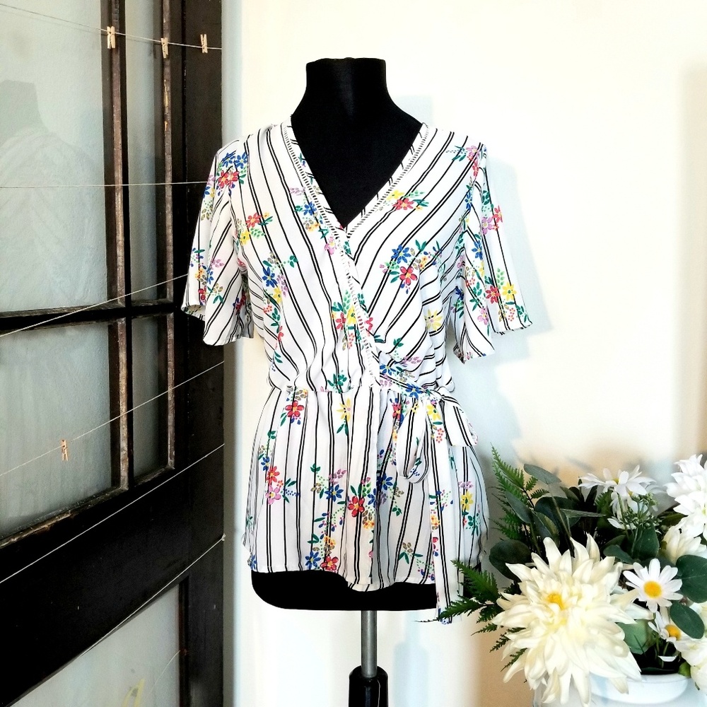 Tie Waist Floral Striped Blouse
